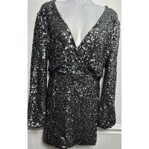 O.P.T. Dress Women M Black Gray All Sequence Mini V-neck Open Back L/S Party